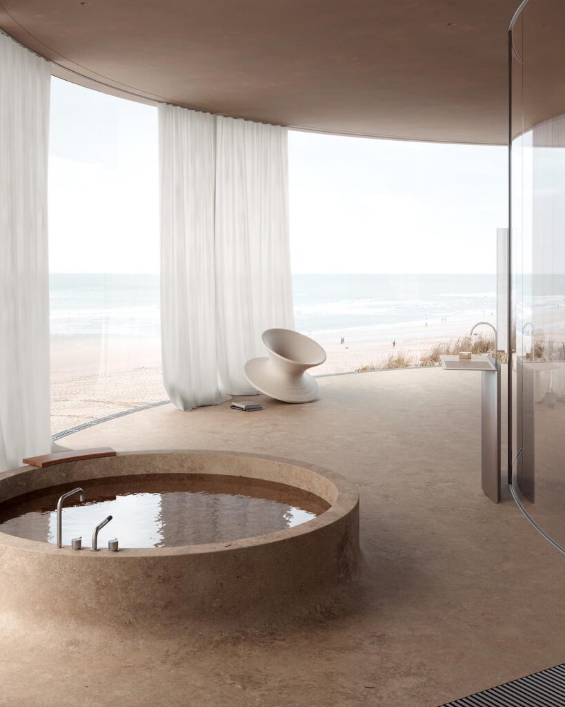 Curved Bathroom With Circular Tub And White Curtains Overlooking The Beach