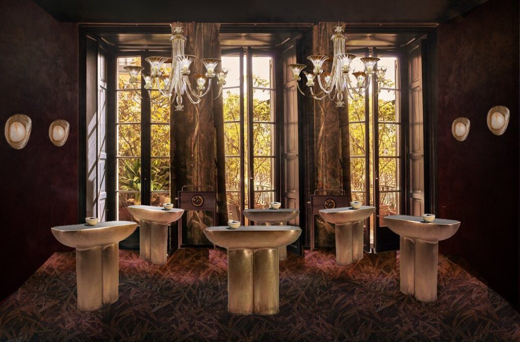 Elegant Bathroom Design with Ornate Lighting and Lush Outdoor View