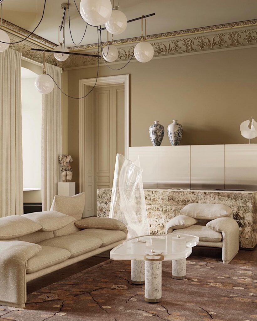 Elegant Interior Design with Ornate Moldings and Lighting