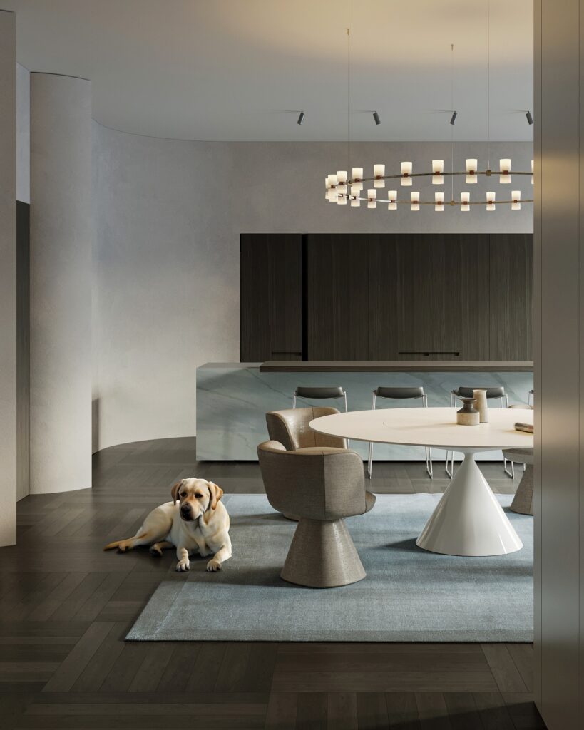 Elegant interior design with sleek furnishings and lighting