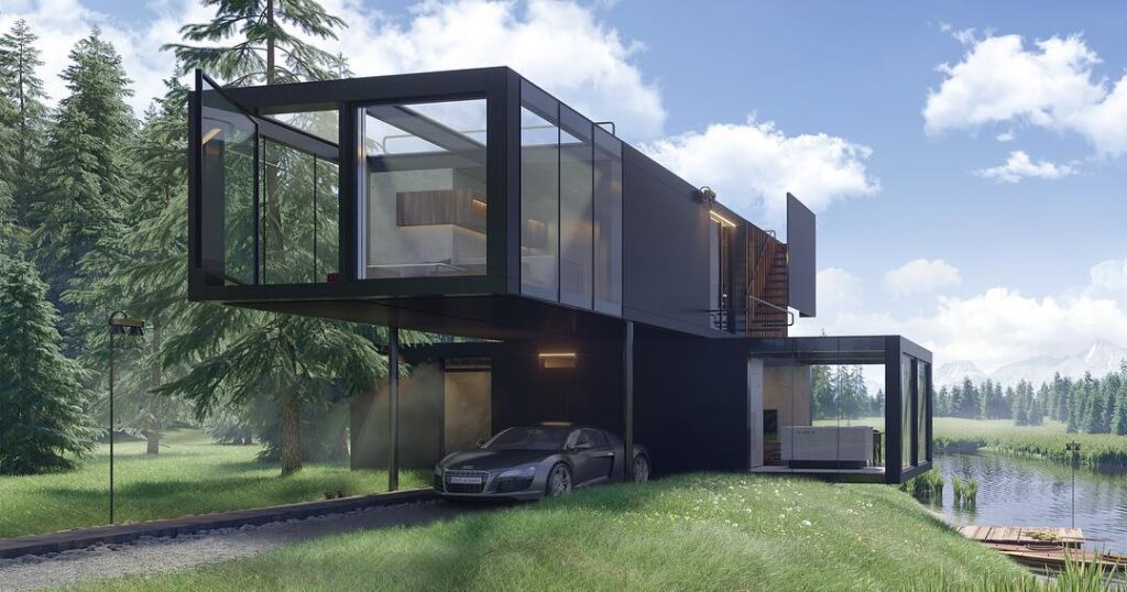 Exterior design of a modern, minimalist home in a forested landscape