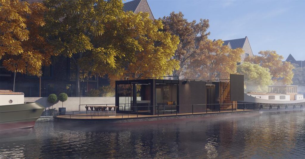 Floating Riverfront Retreat Surrounded By Autumn Foliage