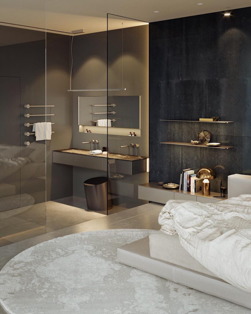 Stunning Open-Concept Bedroom with Luxurious Shower and Basin. Architectural, Commercial, Residential Interior, Exterior Design | Sivak+Partners