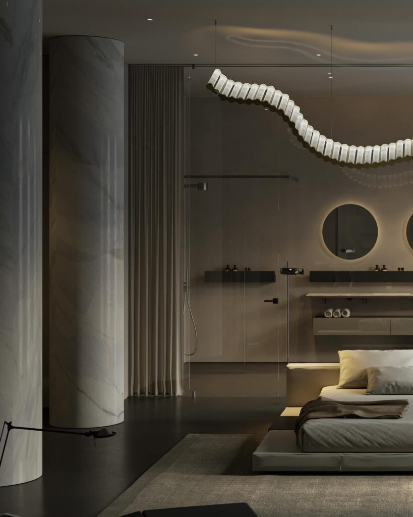A Minimalist Bedroom Design With Curved Lighting Fixture