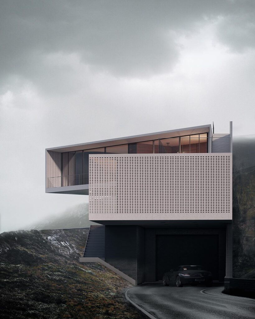 Minimalist Building with Perforated Facade in Mountainous Landscape