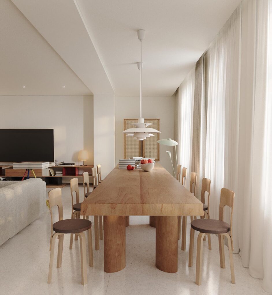 A Minimalist Dining Room Design with a Large Wooden Table and Chairs