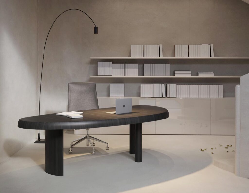 Minimalist Home Office with Curved Desk and Bookshelves