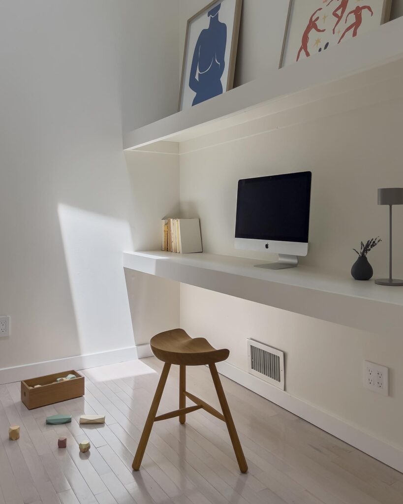 Minimalist Home Office with Wooden Stool and Artwork