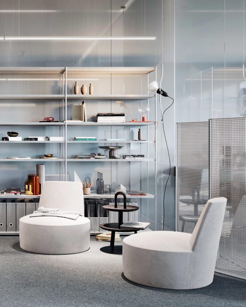 Minimalist Interior Design Space with Sleek Shelving and White Furniture