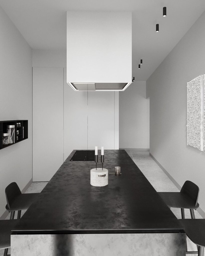 A Minimalist Interior Design With A Large White Wall, Black Furniture, And Concrete Flooring