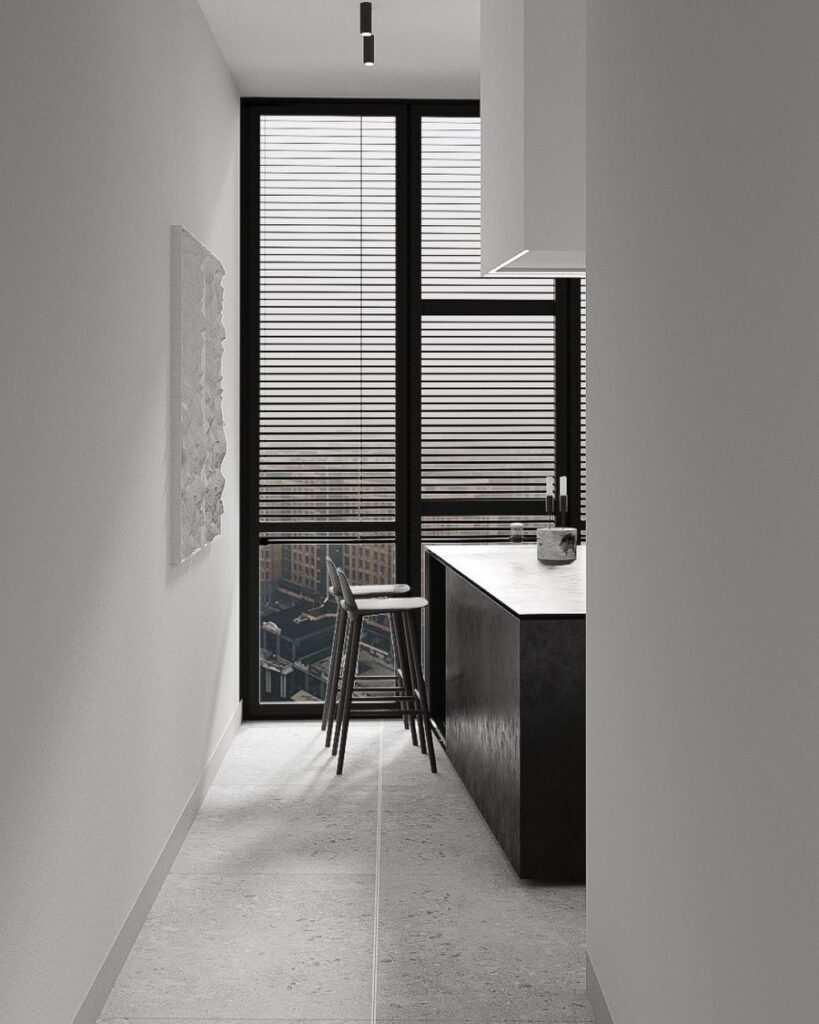 Minimalist Interior Design With Black Framed Windows And Stools In A Hallway