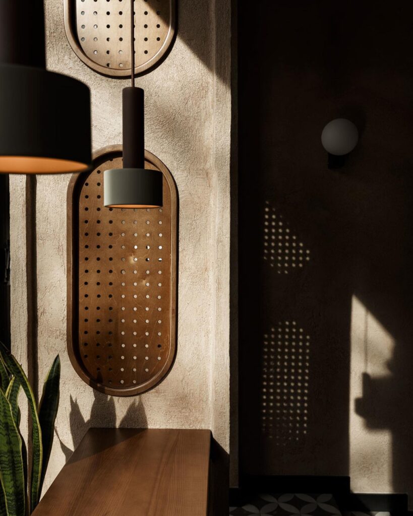 Minimalist Interior Design with Perforated Light Fixture and Wooden Bench