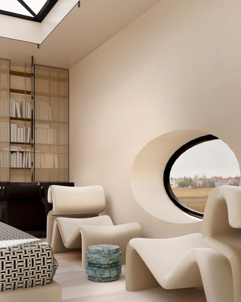 A Minimalist Interior Design With Curved Furniture And A Large Round Window Overlooking An Outdoor Landscape