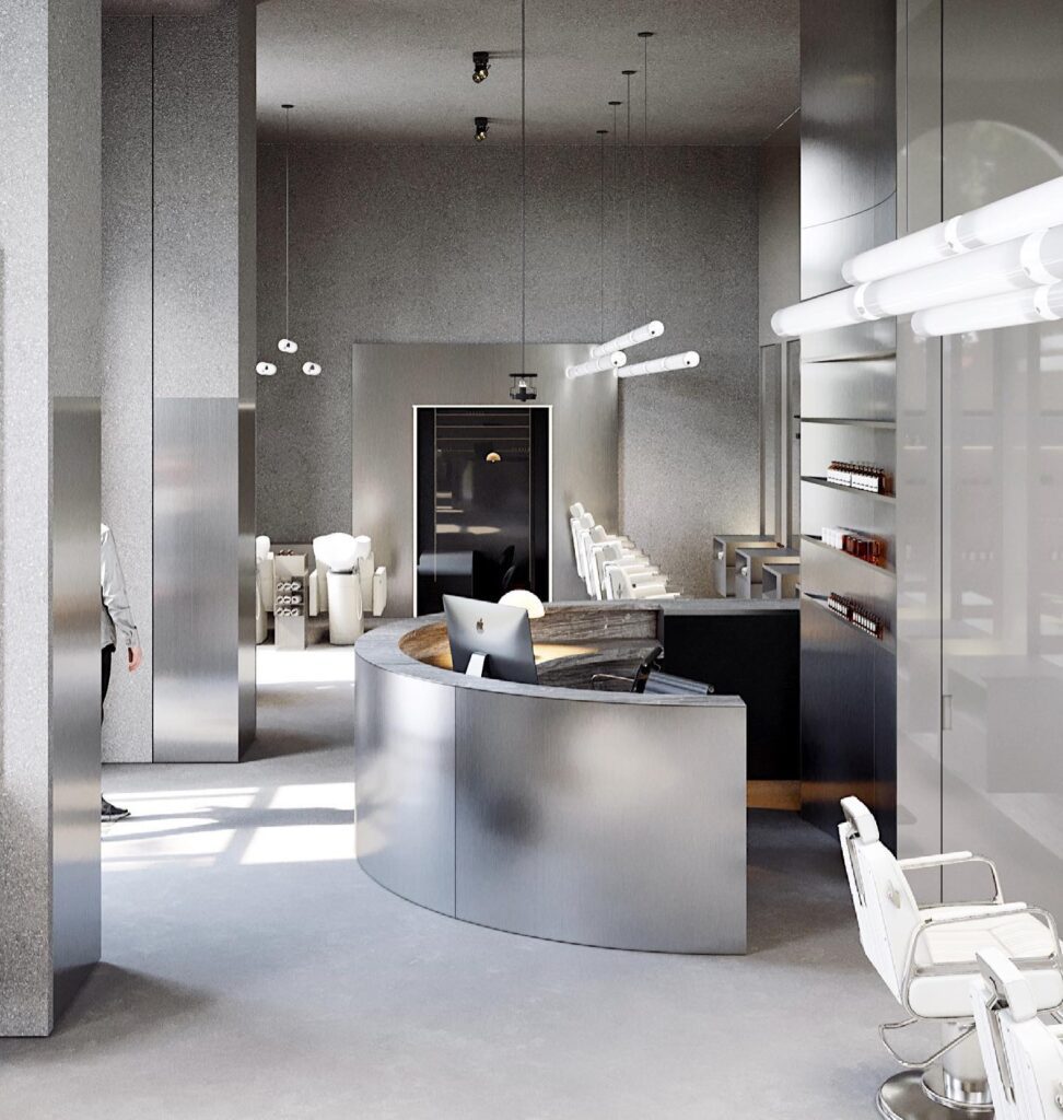 Minimalist Interior Design with Metallic Reception Desk and White Chairs