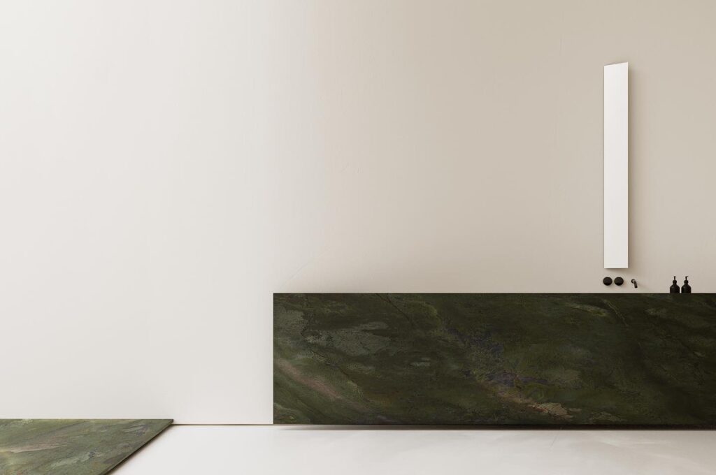Minimalist Interior Design with Dark Green Marble Slab and White Wall with Rectangular Mirror