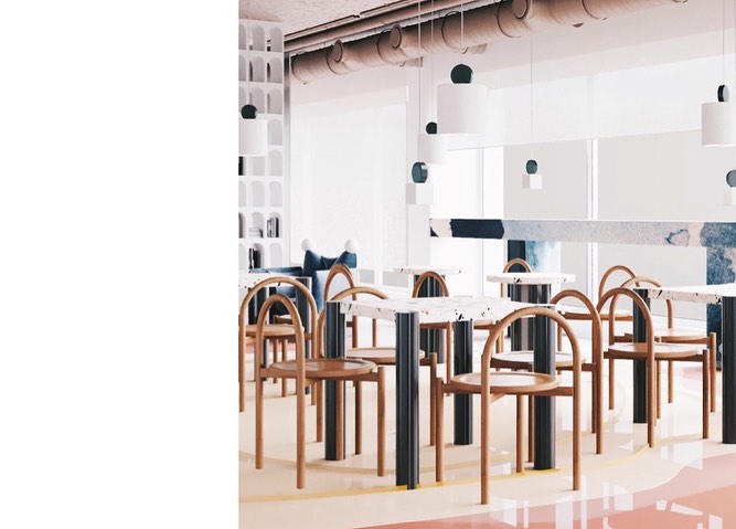Minimalist Interior Design Space with Wooden Furniture and Pendant Lighting