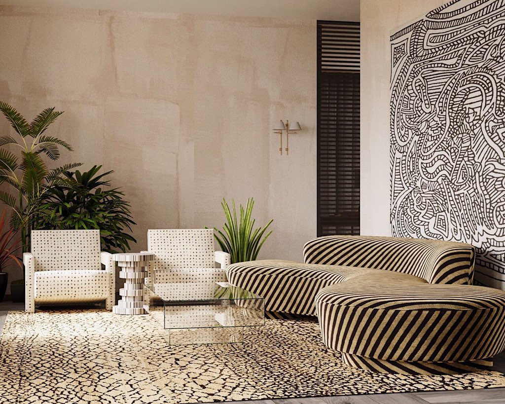 Minimalist Interior Design Space with Striped Sofa, Patterned Rug, and Potted Plants