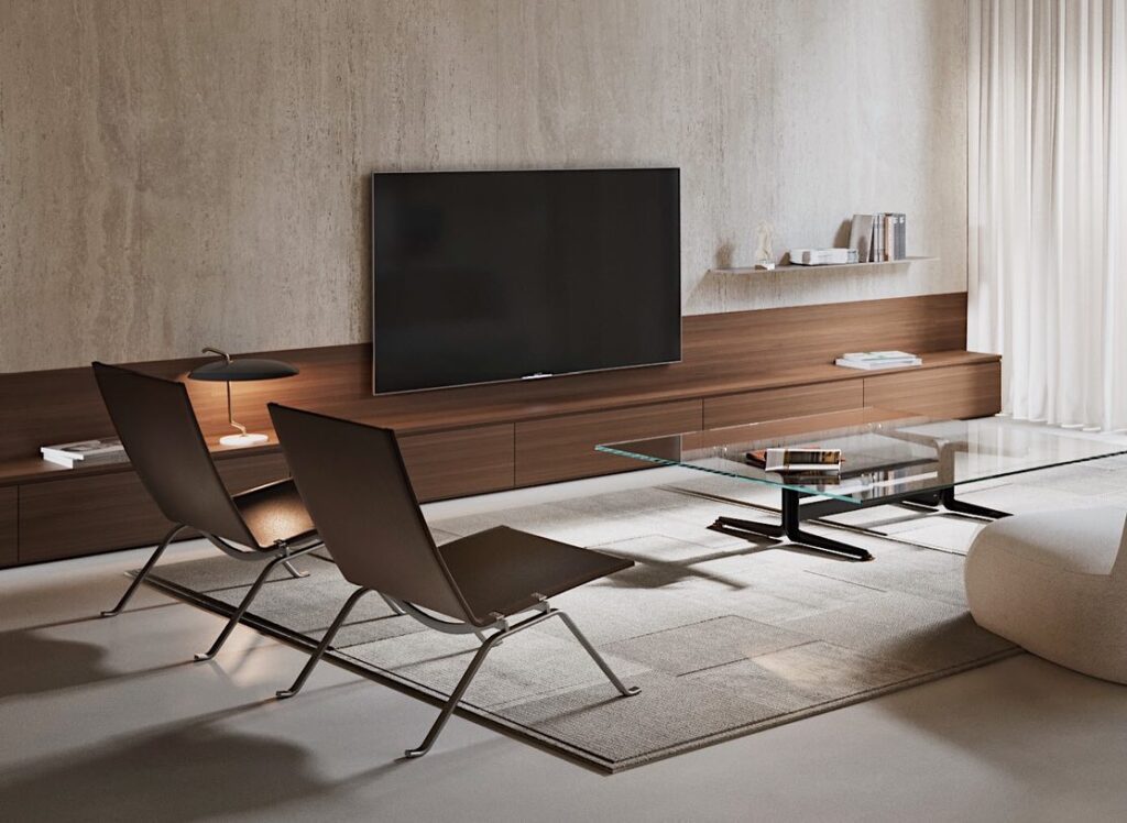 Minimalist Living Room Design with Flat-screen TV, Glass Coffee Table, and Black Leather Chairs