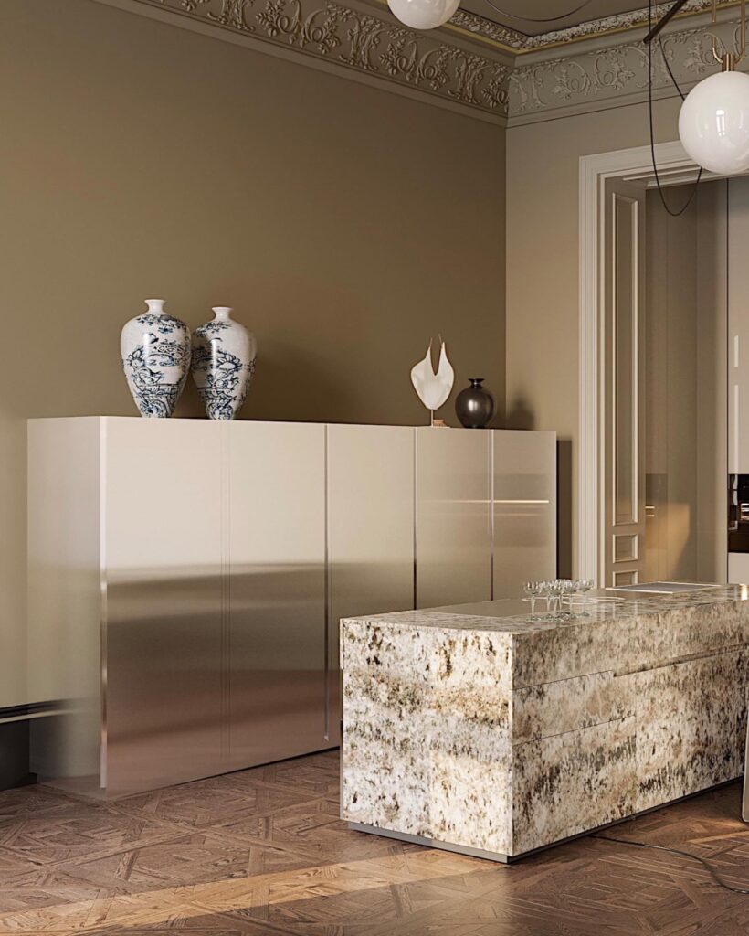 Modern and Elegant Interior Design with Granite Kitchen Island and Built-in Cabinets
