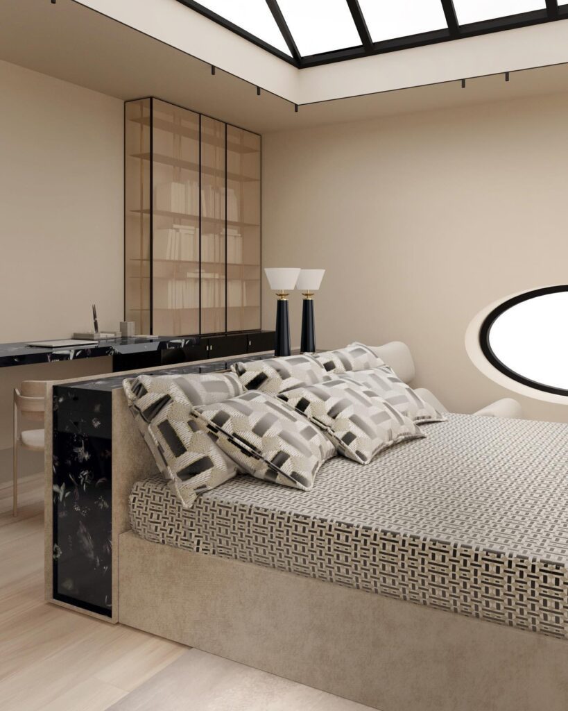 Modern Bedroom with Patterned Bedding and Mirrored Wardrobe