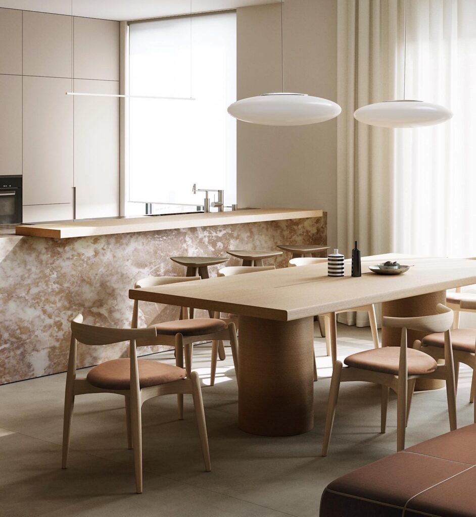 Modern Dining Room with Minimalist Furniture and Lighting Fixtures