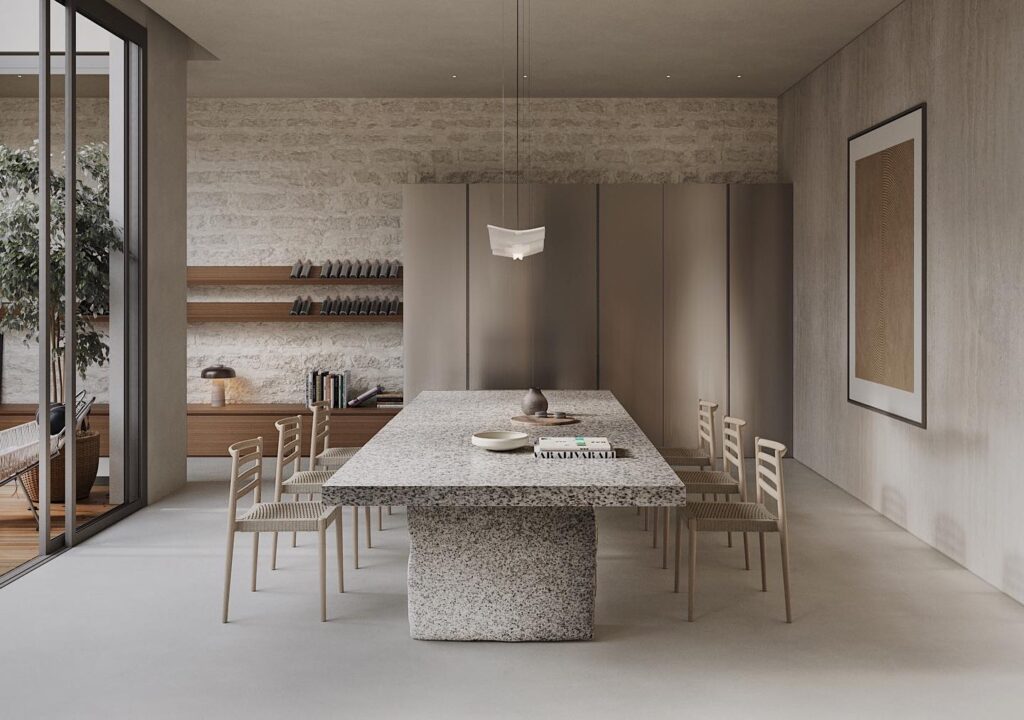A Modern Dining Room Design With Granite Table And Chairs