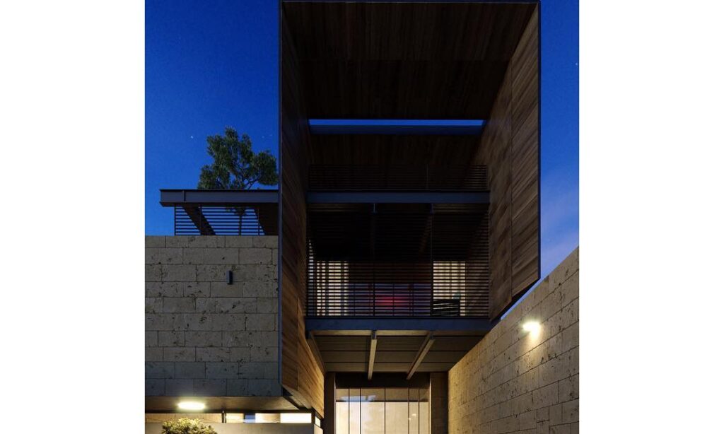 A Modern Exterior Design with Wooden Accents and Lighting