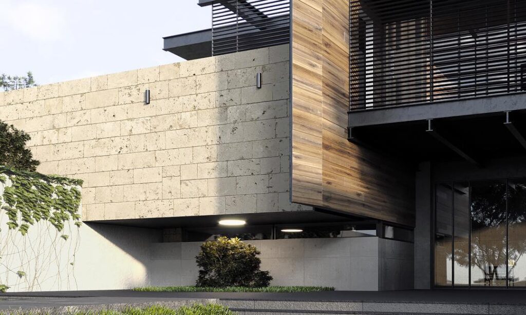 Alt Text: Modern Exterior Design with Natural Stone and Wood Elements