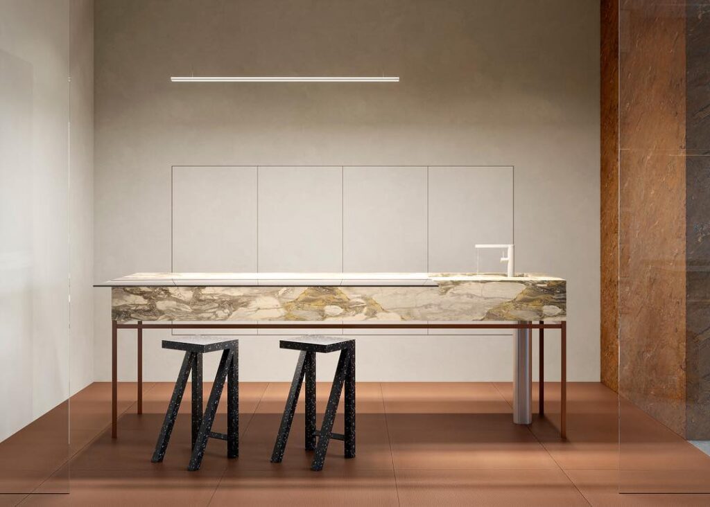 Modern Interior Design with Marble-Topped Table and Black Stools