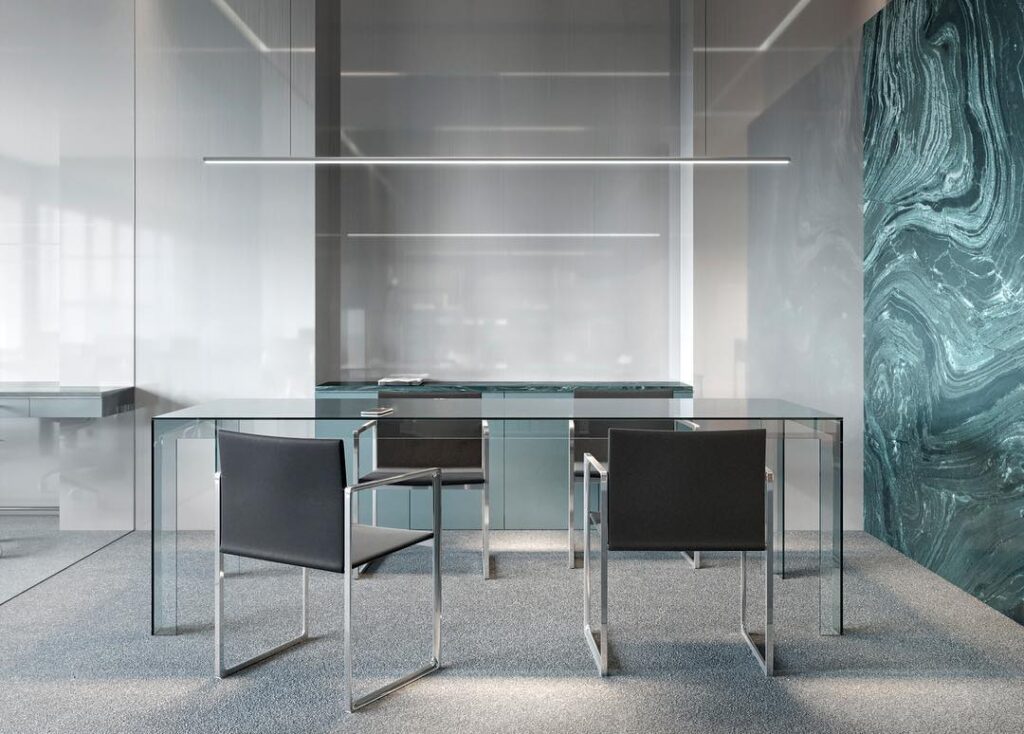 A Modern Interior Design With Glass Furniture And Marble Walls