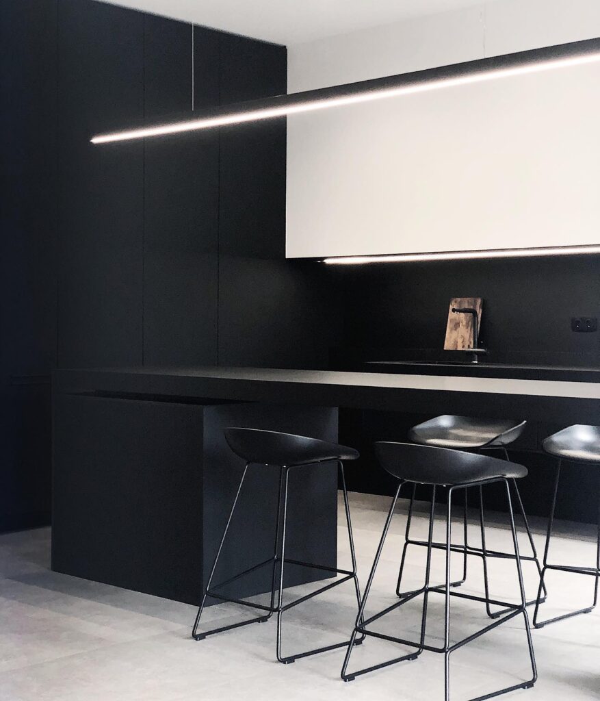 Modern Interior Design with Sleek Black Cabinetry and Lighting