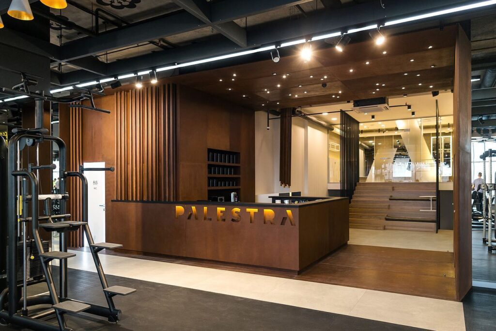 A modern interior design studio with warm wooden accents and lighting