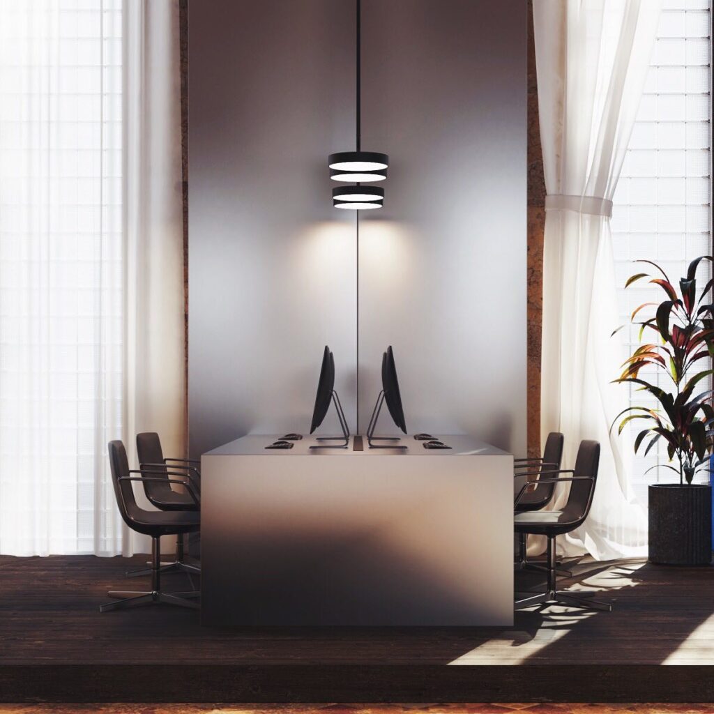 Modern Minimalist Office Interior with Sleek Lighting and Furnishings