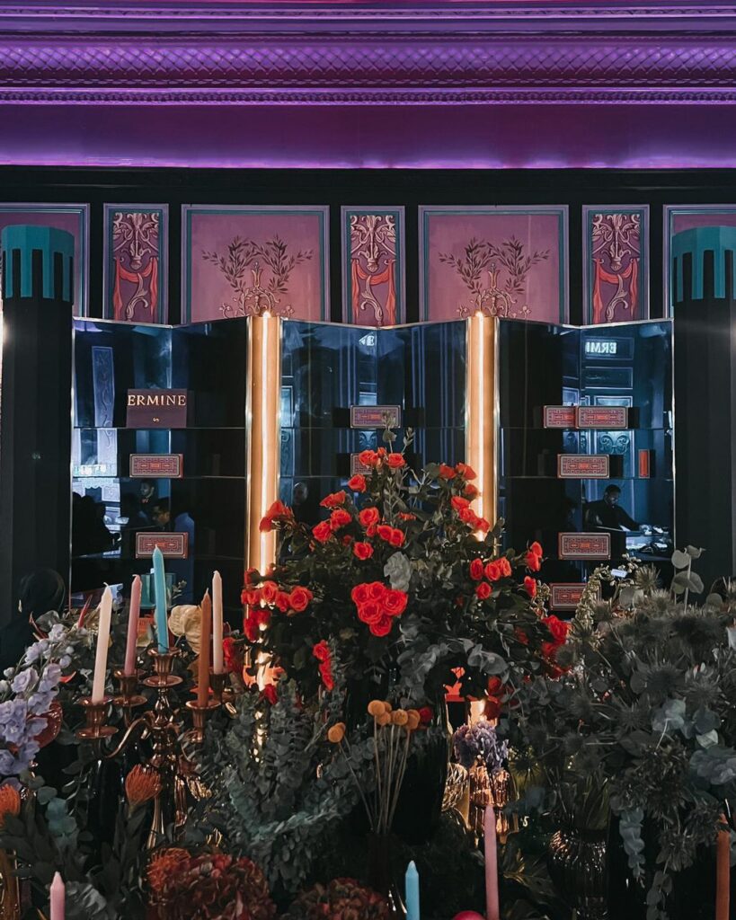 Ornate Interior Design with Floral Arrangements and Architectural Details