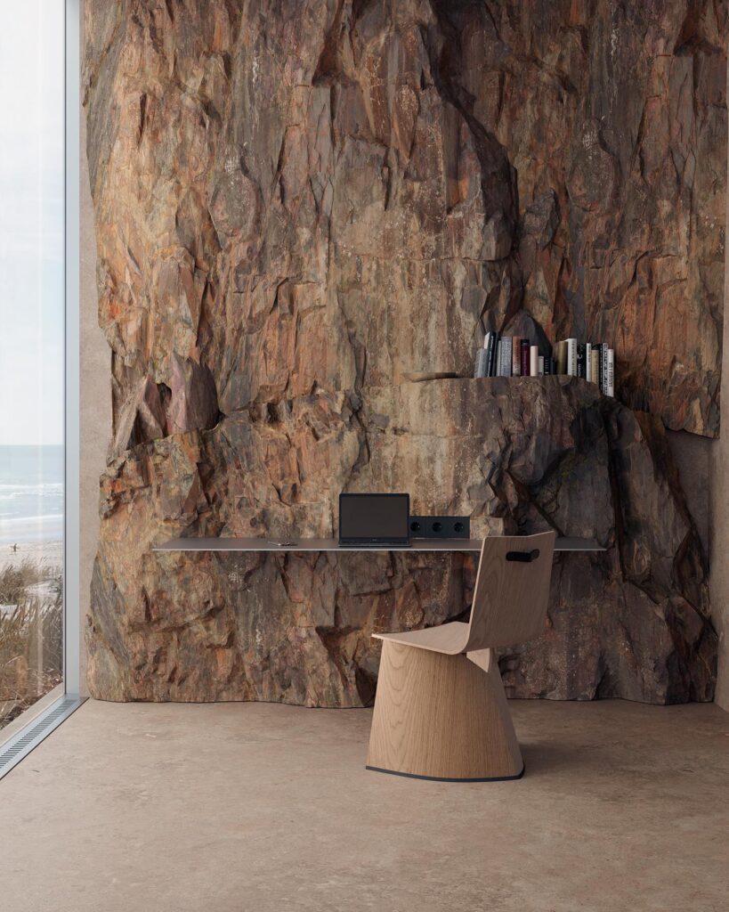 Rugged Stone Wall with Built-in Shelving and Minimalist Wooden Chair in Modern Interior Design Setting