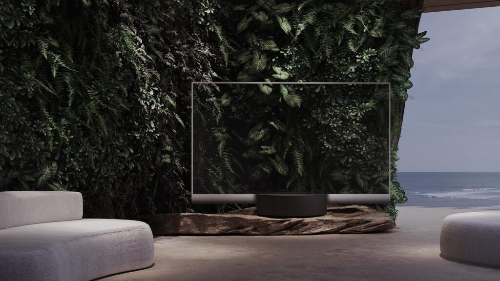 Serene Living Room with Green Foliage Wall and Gray Sofa