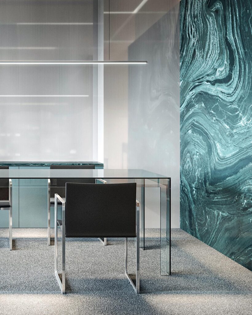 Sleek and modern interior design featuring glass furniture and textured wall panels