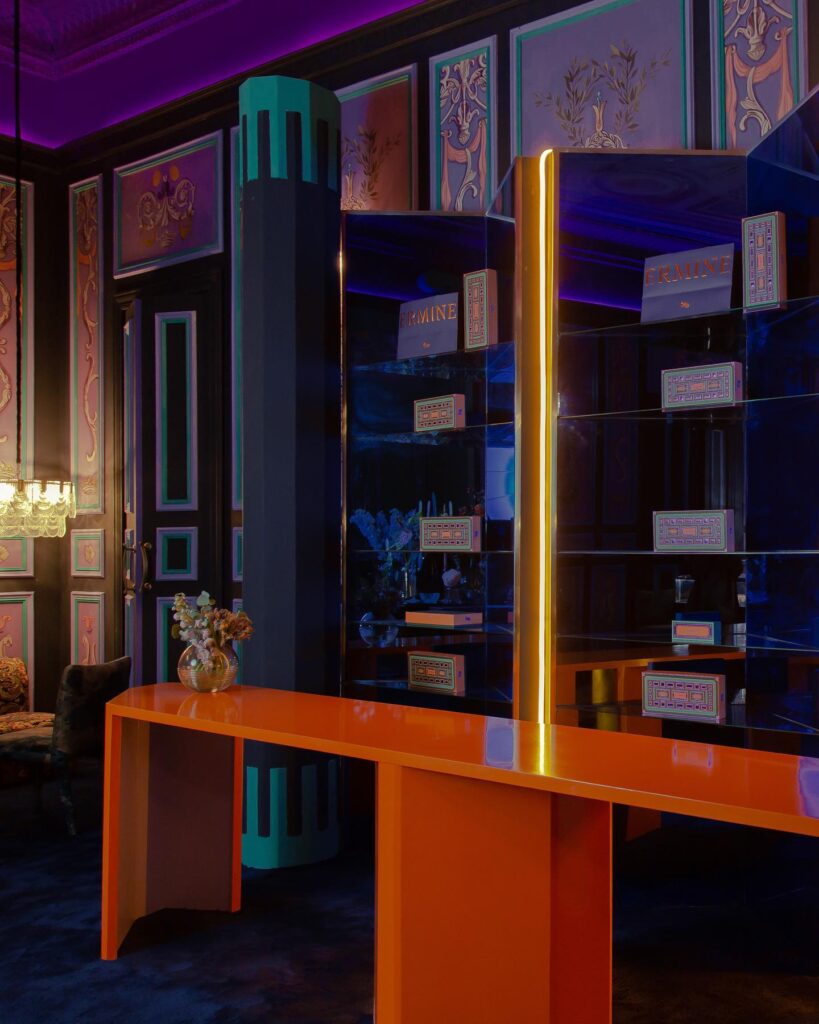 Vibrant Interior Design with Geometric Patterns and Lighting